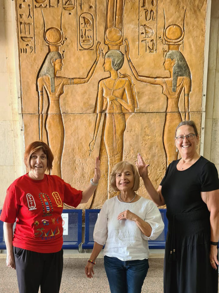 Judith Minster, Ana Grant & Vicki Booth. Three travelling sisters in front of three Ancient Egyptian Sisters!